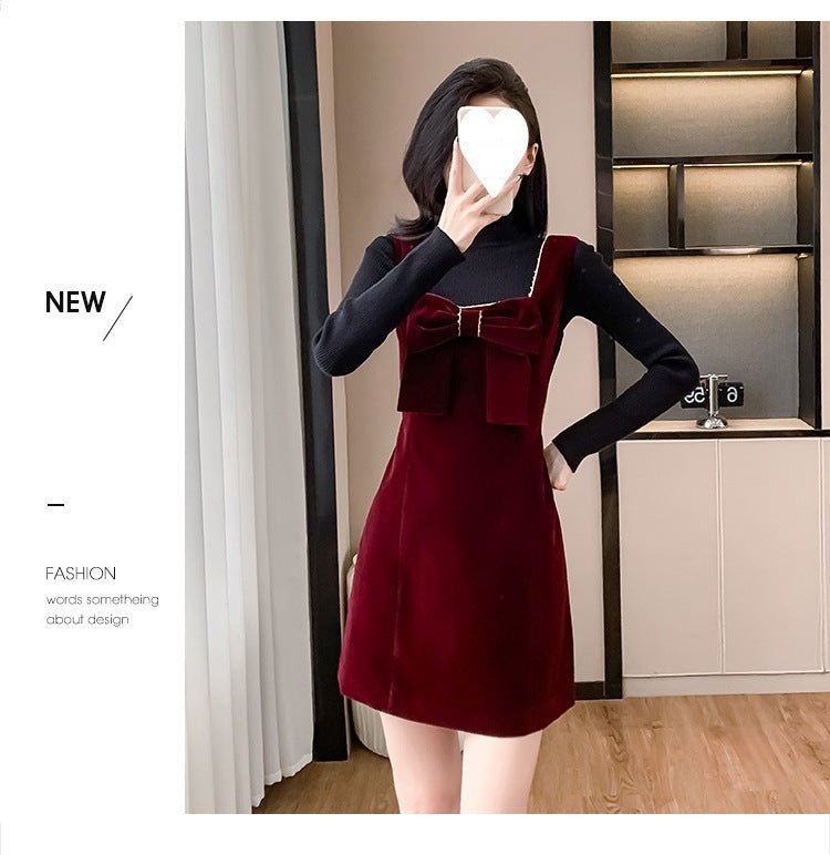 2025 Spring and Autumn New Bow French Velvet Sling dress Christmas New Year Red Fashion Dress Trendy - Cozy & Co. Market