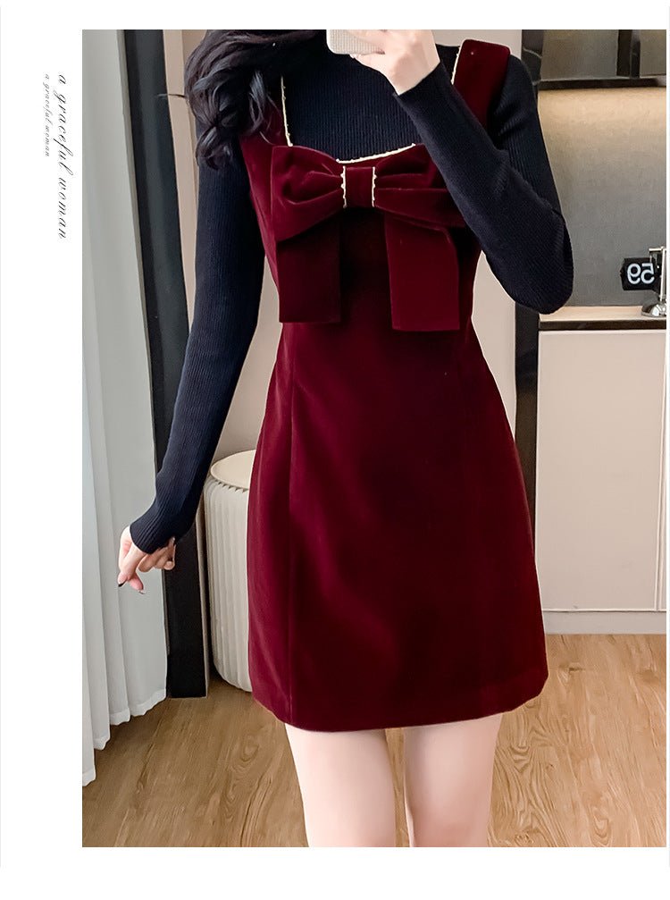 2025 Spring and Autumn New Bow French Velvet Sling dress Christmas New Year Red Fashion Dress Trendy - Cozy & Co. Market