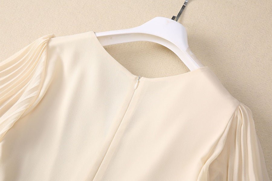 2025 Spring and Summer New Style Pleated Large Hem V-Neck Trumpet Sleeves Rhinestone Pearl Cross Waist Dress for Women - Cozy & Co. Market