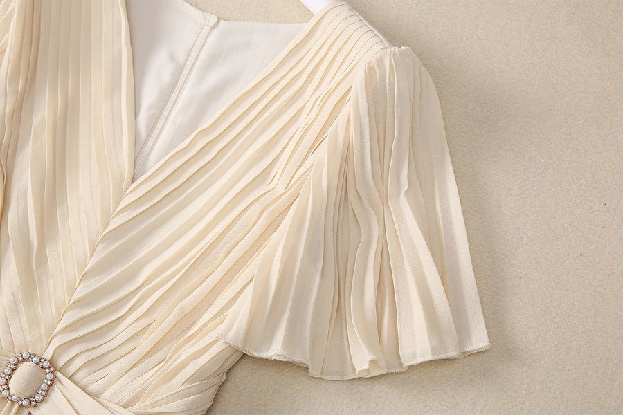 2025 Spring and Summer New Style Pleated Large Hem V-Neck Trumpet Sleeves Rhinestone Pearl Cross Waist Dress for Women - Cozy & Co. Market
