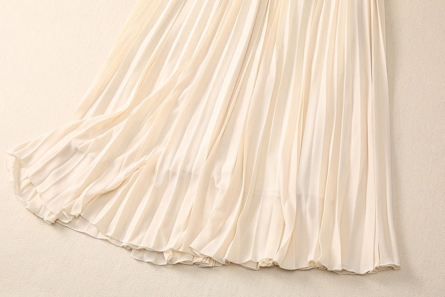 2025 Spring and Summer New Style Pleated Large Hem V-Neck Trumpet Sleeves Rhinestone Pearl Cross Waist Dress for Women - Cozy & Co. Market
