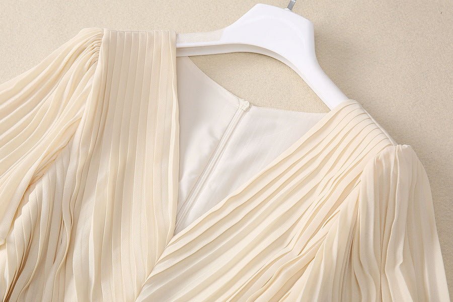2025 Spring and Summer New Style Pleated Large Hem V-Neck Trumpet Sleeves Rhinestone Pearl Cross Waist Dress for Women - Cozy & Co. Market