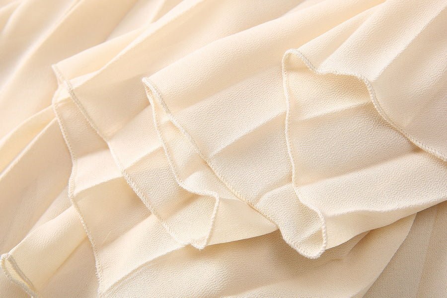 2025 Spring and Summer New Style Pleated Large Hem V-Neck Trumpet Sleeves Rhinestone Pearl Cross Waist Dress for Women - Cozy & Co. Market
