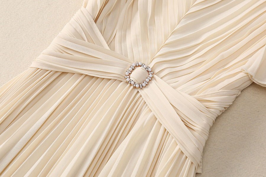 2025 Spring and Summer New Style Pleated Large Hem V-Neck Trumpet Sleeves Rhinestone Pearl Cross Waist Dress for Women - Cozy & Co. Market