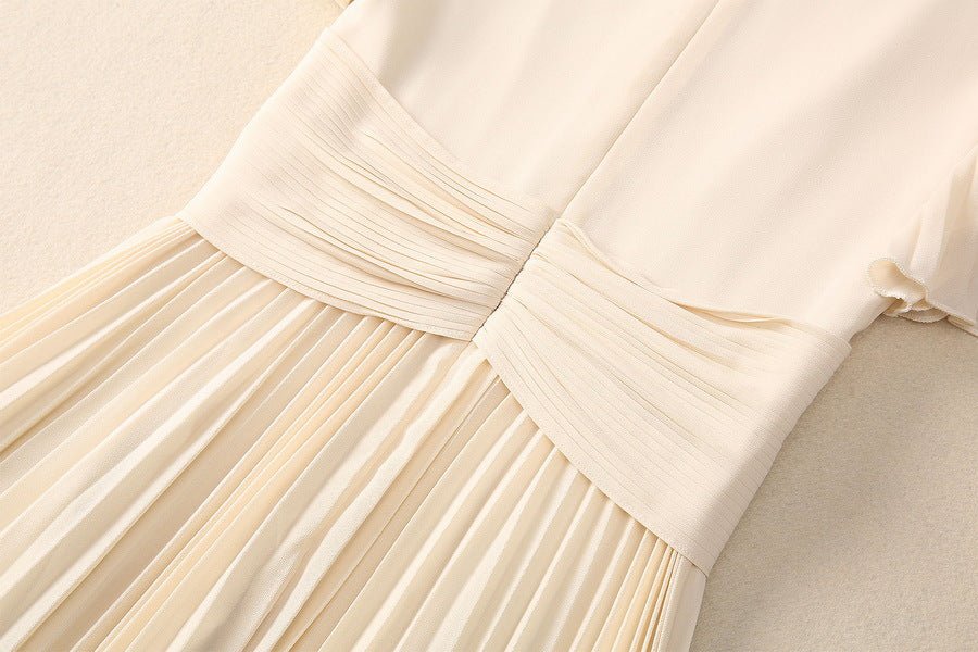 2025 Spring and Summer New Style Pleated Large Hem V-Neck Trumpet Sleeves Rhinestone Pearl Cross Waist Dress for Women - Cozy & Co. Market