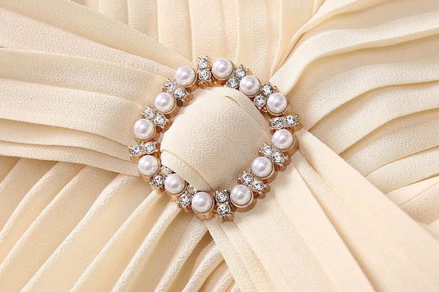 2025 Spring and Summer New Style Pleated Large Hem V-Neck Trumpet Sleeves Rhinestone Pearl Cross Waist Dress for Women - Cozy & Co. Market