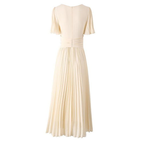 2025 Spring and Summer New Style Pleated Large Hem V-Neck Trumpet Sleeves Rhinestone Pearl Cross Waist Dress for Women - Cozy & Co. Market