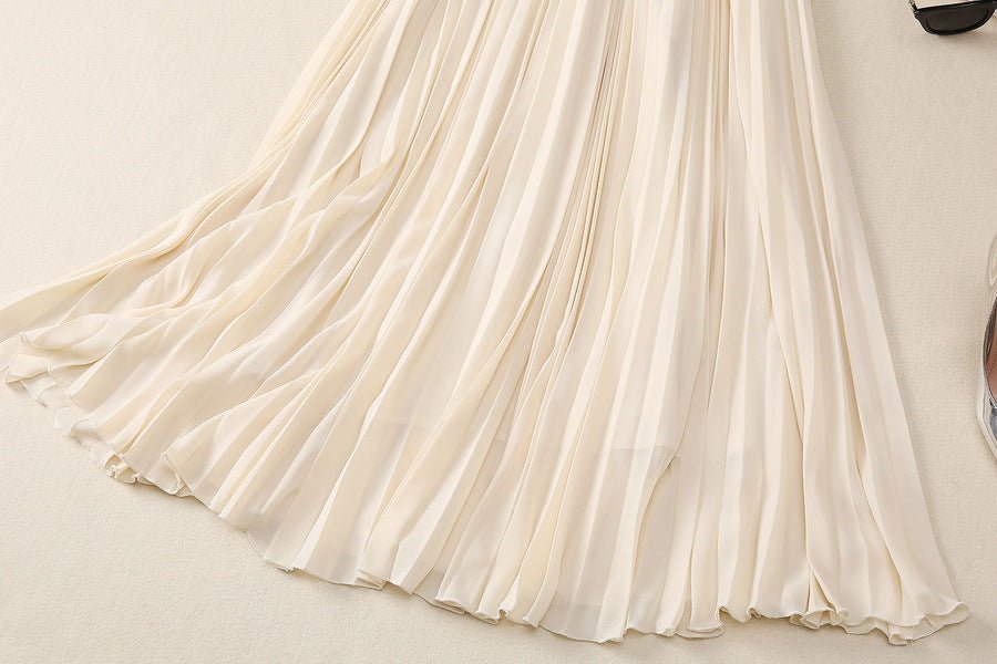 2025 Spring and Summer New Style Pleated Large Hem V-Neck Trumpet Sleeves Rhinestone Pearl Cross Waist Dress for Women - Cozy & Co. Market