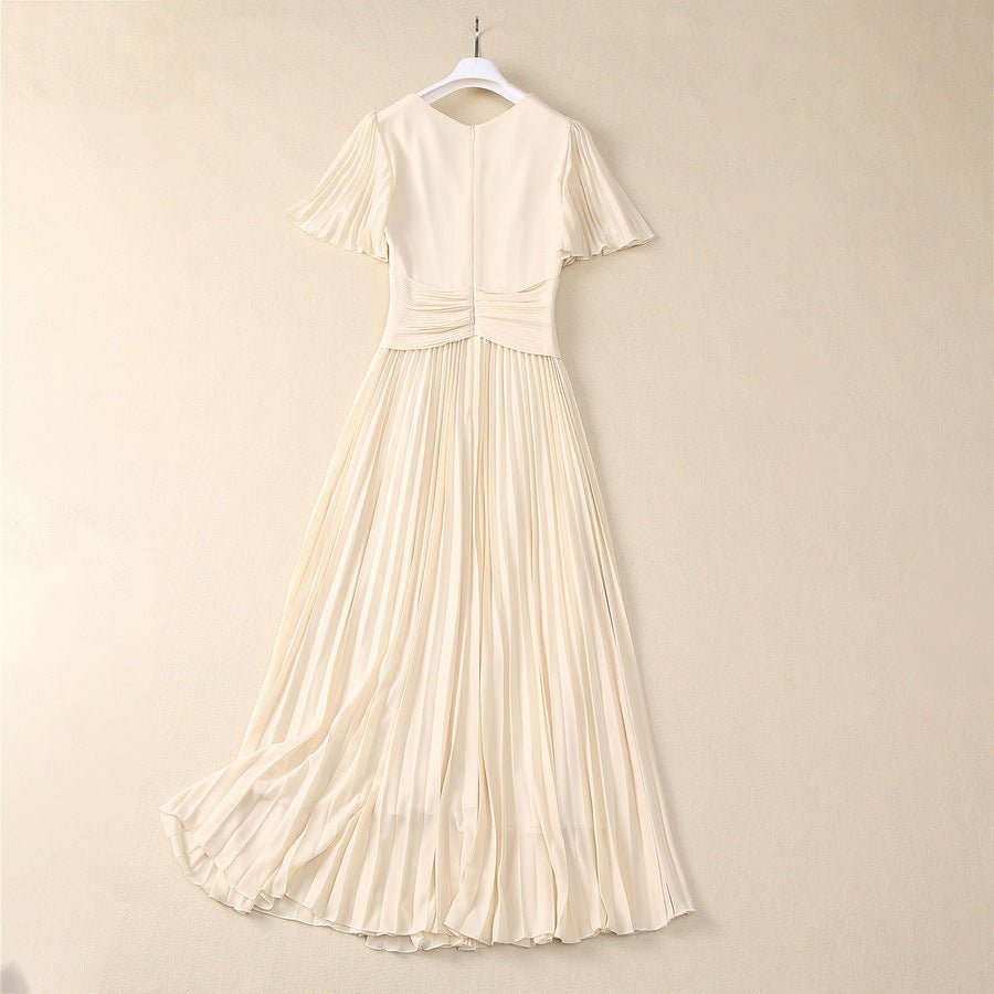 2025 Spring and Summer New Style Pleated Large Hem V-Neck Trumpet Sleeves Rhinestone Pearl Cross Waist Dress for Women - Cozy & Co. Market