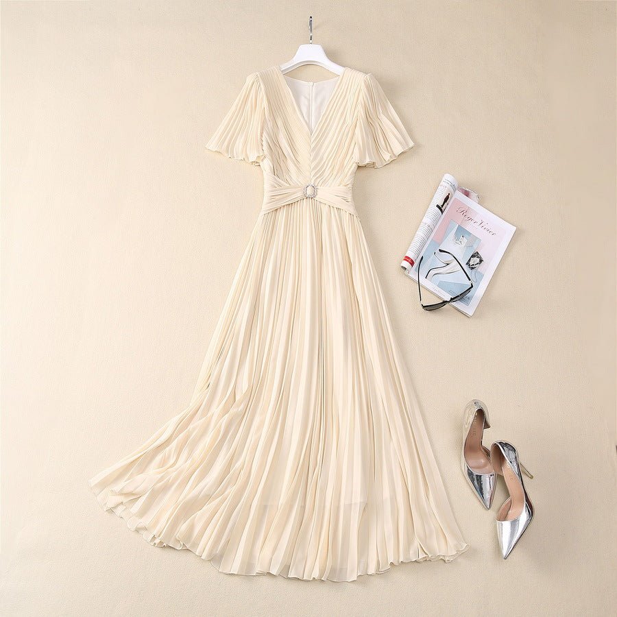 2025 Spring and Summer New Style Pleated Large Hem V-Neck Trumpet Sleeves Rhinestone Pearl Cross Waist Dress for Women - Cozy & Co. Market