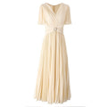 2025 Spring and Summer New Style Pleated Large Hem V-Neck Trumpet Sleeves Rhinestone Pearl Cross Waist Dress for Women - Cozy & Co. Market