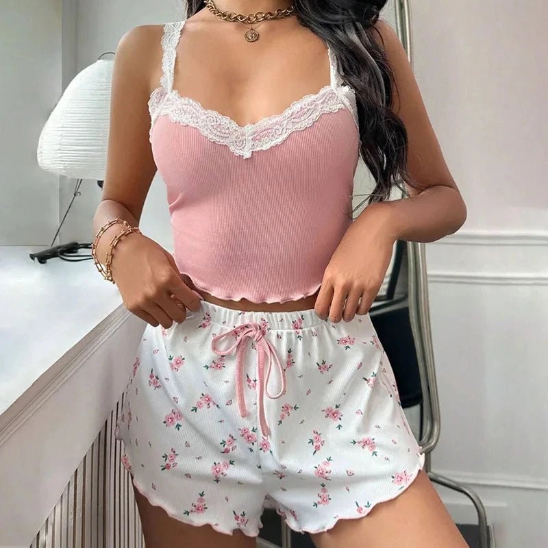 2025 women's sexy lace lace camisole vest shorts sleepwear women's slim fit two-piece home outfit new product pink coffee blue - Cozy & Co. Market