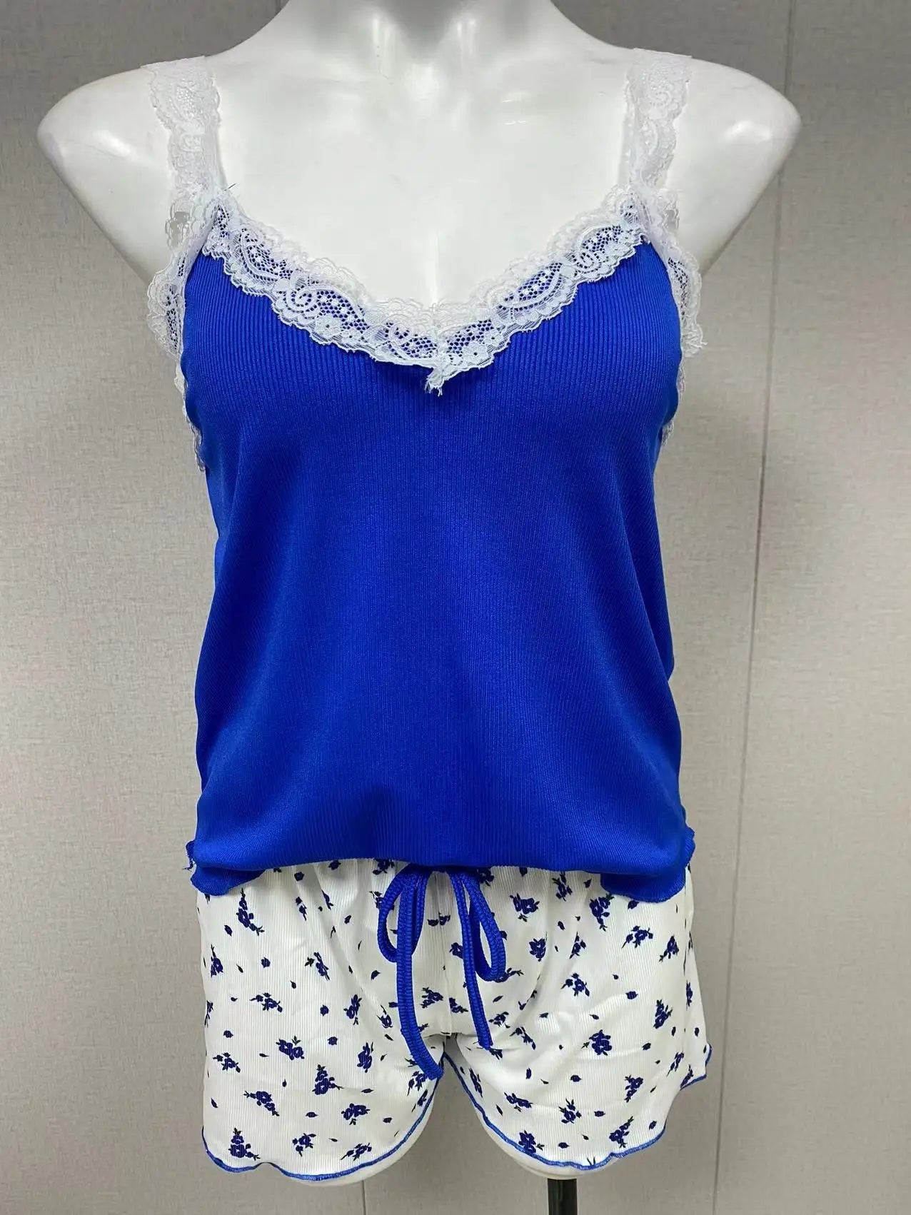 2025 women's sexy lace lace camisole vest shorts sleepwear women's slim fit two-piece home outfit new product pink coffee blue - Cozy & Co. Market