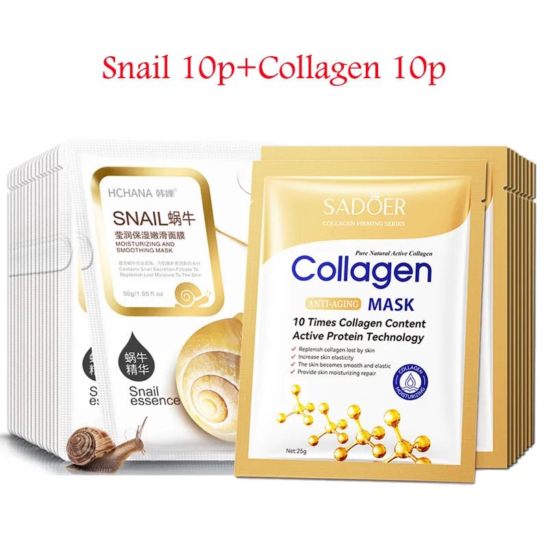 20pcs Snail Collagen Face Mask skincare Moisturizing Anti wrinkle Whitening Facial Masks Face Sheet Mask Korean Skin Care - Cozy & Co. Market