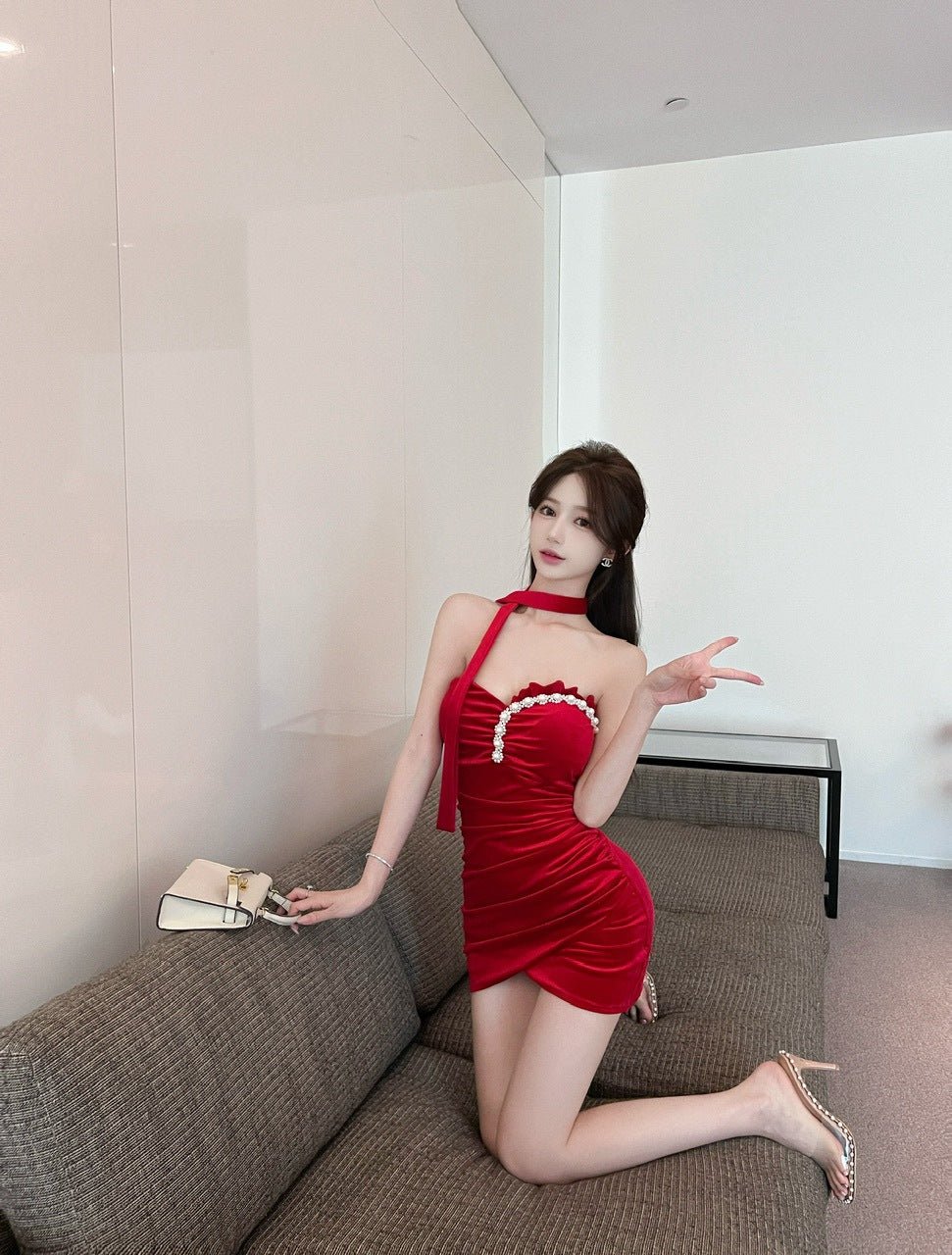 2422 Southeast Asia Cross-border Foreign Trade Sexy Women's Wear Gold Velvet Beaded Strapless Slim-fit Hip Base dress - Cozy & Co. Market