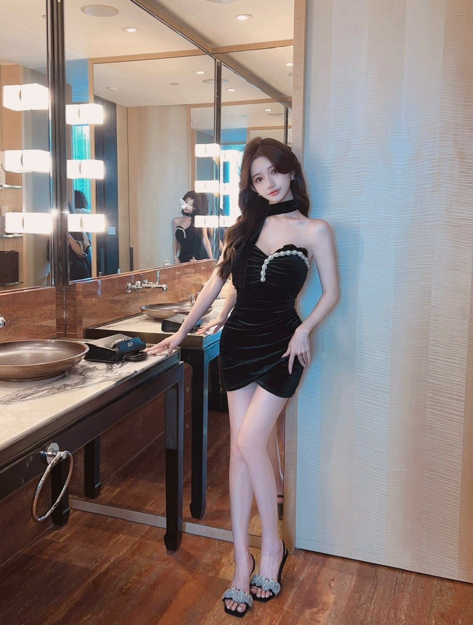 2422 Southeast Asia Cross-border Foreign Trade Sexy Women's Wear Gold Velvet Beaded Strapless Slim-fit Hip Base dress - Cozy & Co. Market