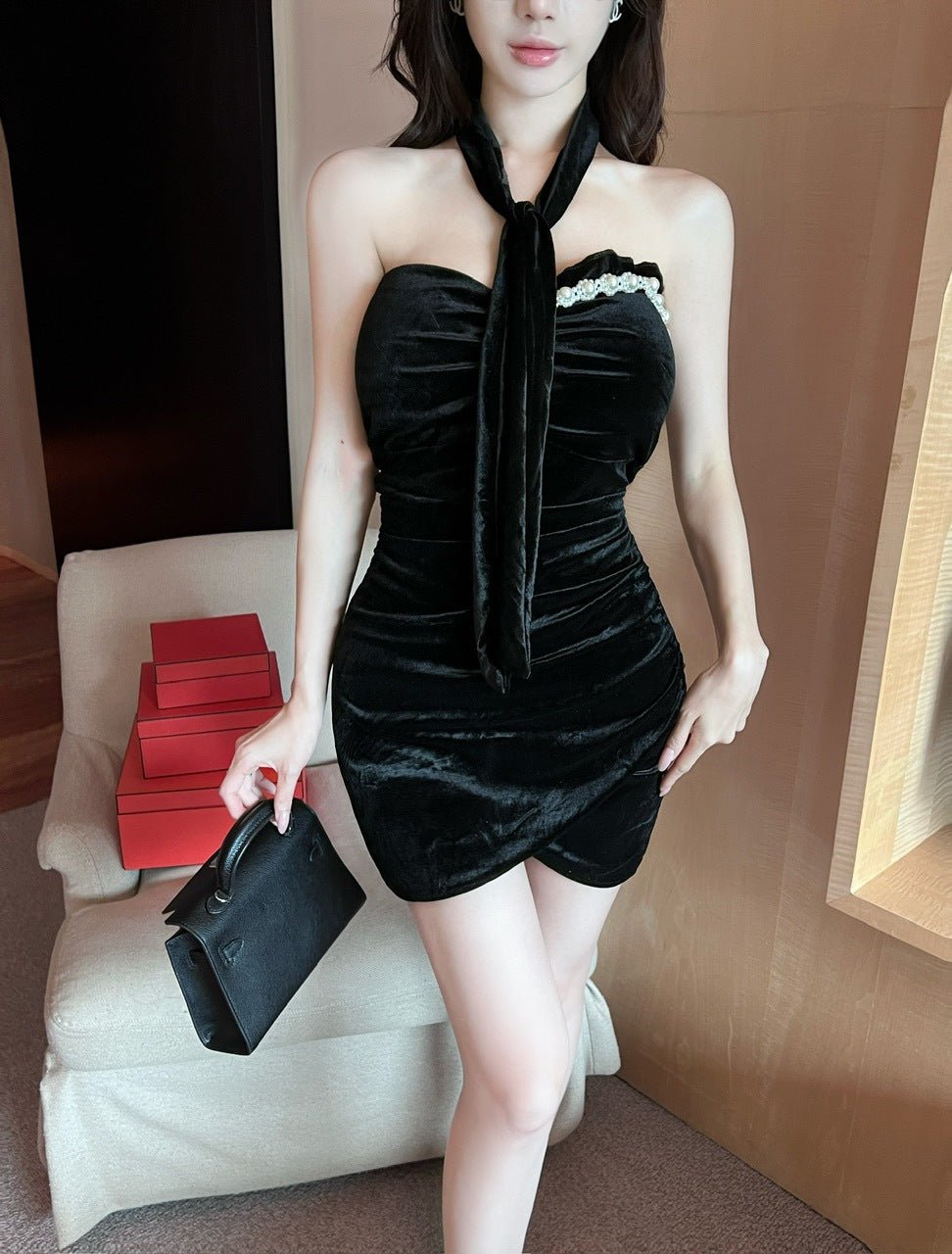 2422 Southeast Asia Cross-border Foreign Trade Sexy Women's Wear Gold Velvet Beaded Strapless Slim-fit Hip Base dress - Cozy & Co. Market