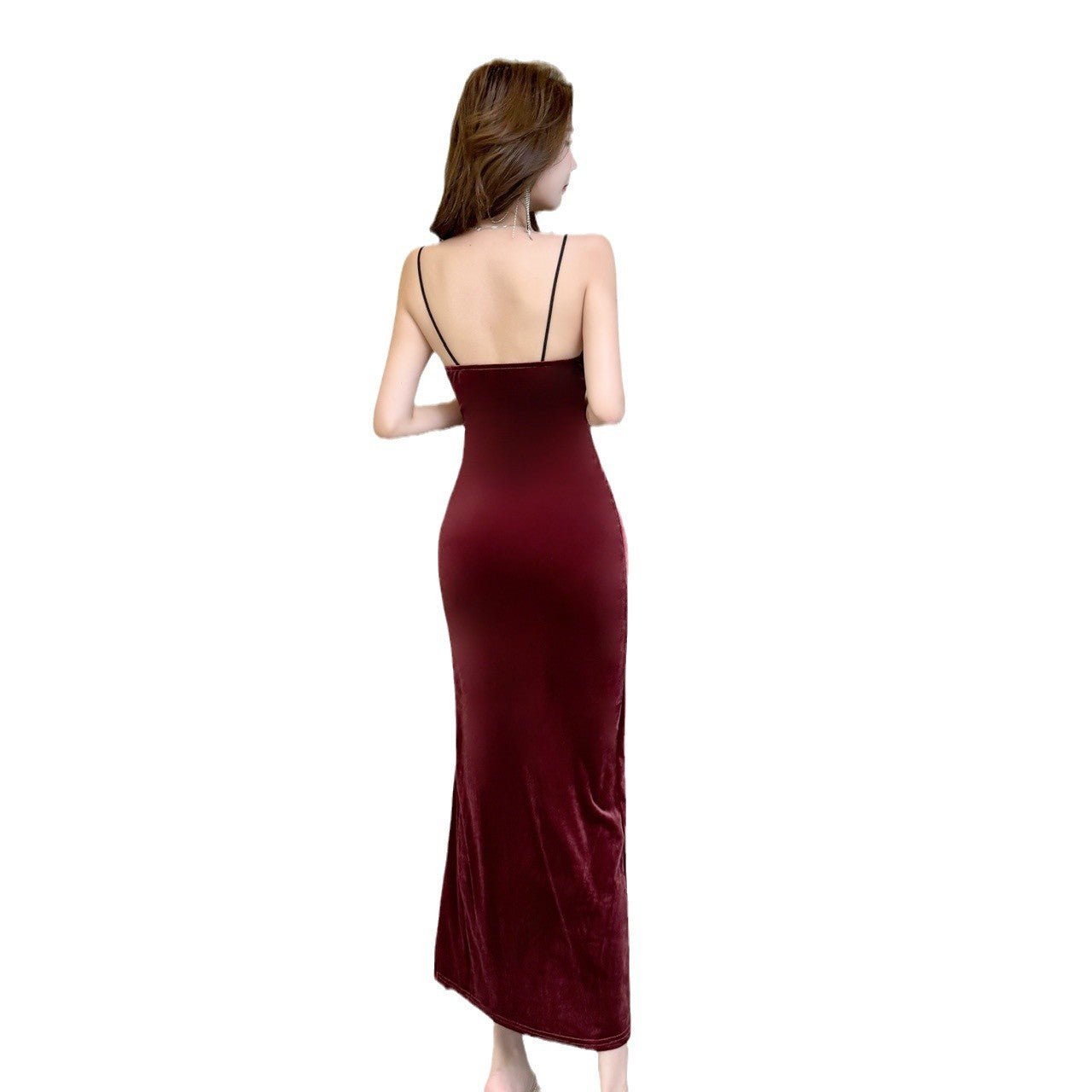 2436 Southeast Asia Cross-border Foreign Trade Sexy Women's V-neck Sleeveless Gold Velvet Suspender dress Split Long Dress - Cozy & Co. Market