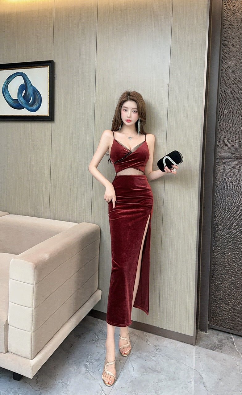 2436 Southeast Asia Cross-border Foreign Trade Sexy Women's V-neck Sleeveless Gold Velvet Suspender dress Split Long Dress - Cozy & Co. Market