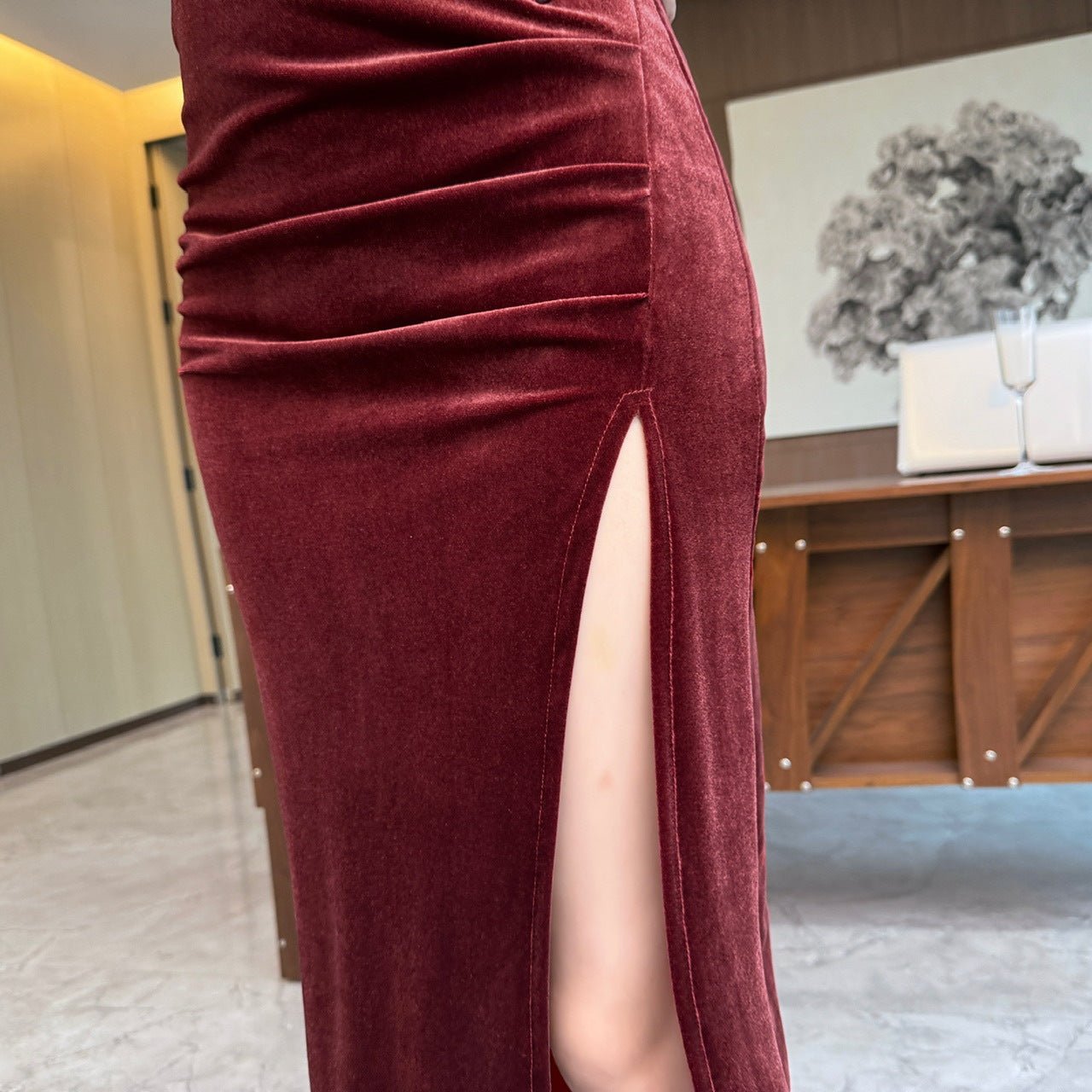 2436 Southeast Asia Cross-border Foreign Trade Sexy Women's V-neck Sleeveless Gold Velvet Suspender dress Split Long Dress - Cozy & Co. Market
