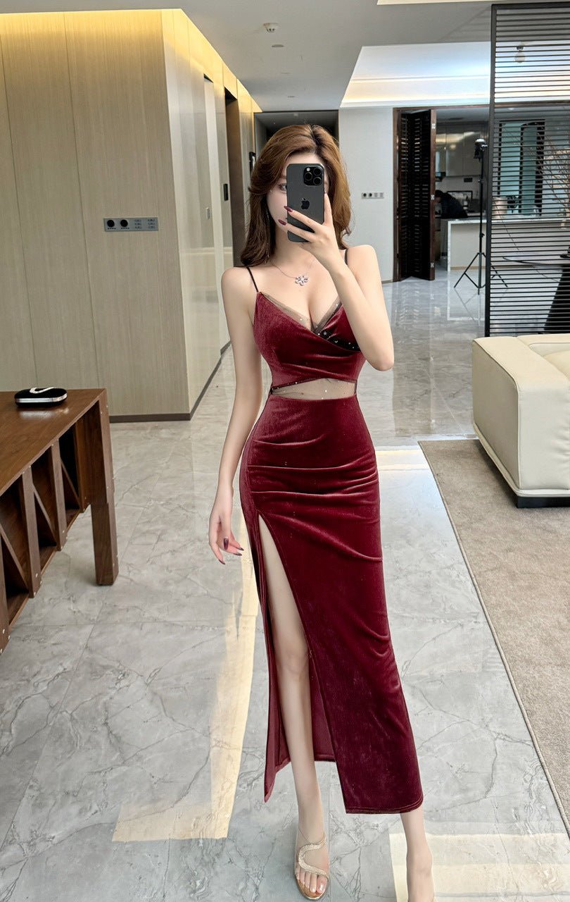 2436 Southeast Asia Cross-border Foreign Trade Sexy Women's V-neck Sleeveless Gold Velvet Suspender dress Split Long Dress - Cozy & Co. Market