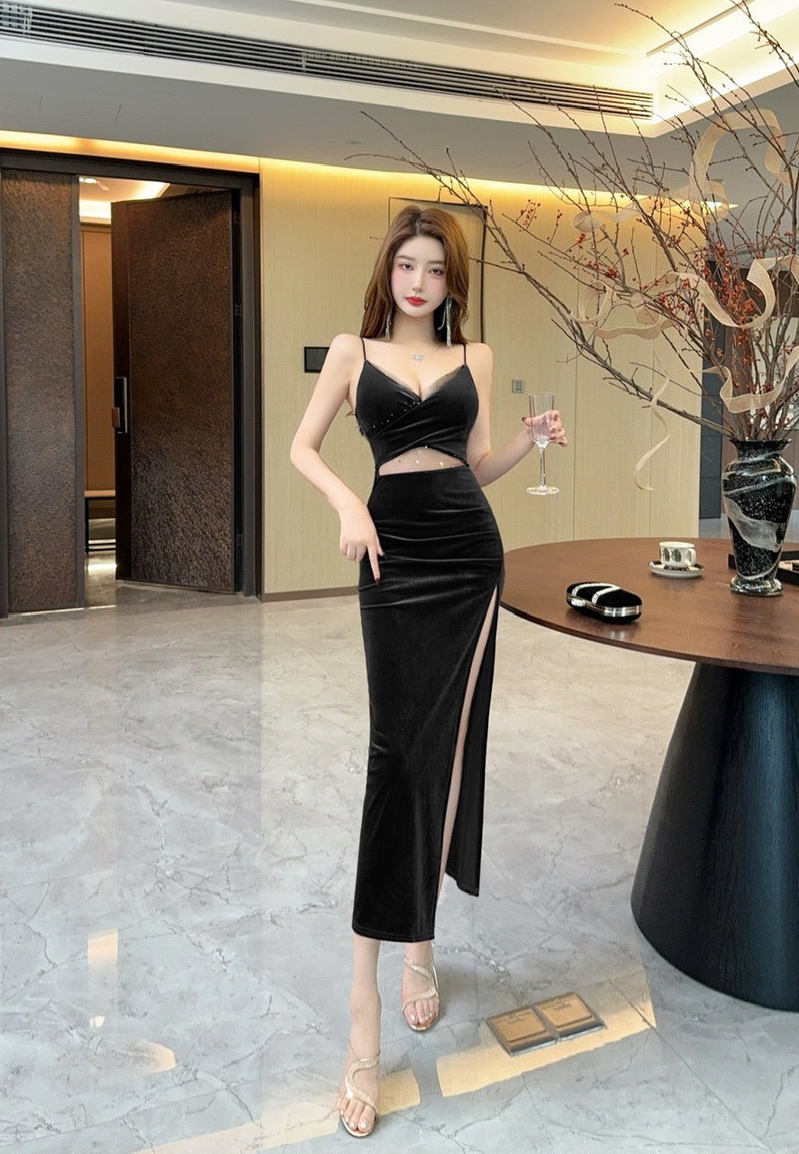 2436 Southeast Asia Cross-border Foreign Trade Sexy Women's V-neck Sleeveless Gold Velvet Suspender dress Split Long Dress - Cozy & Co. Market