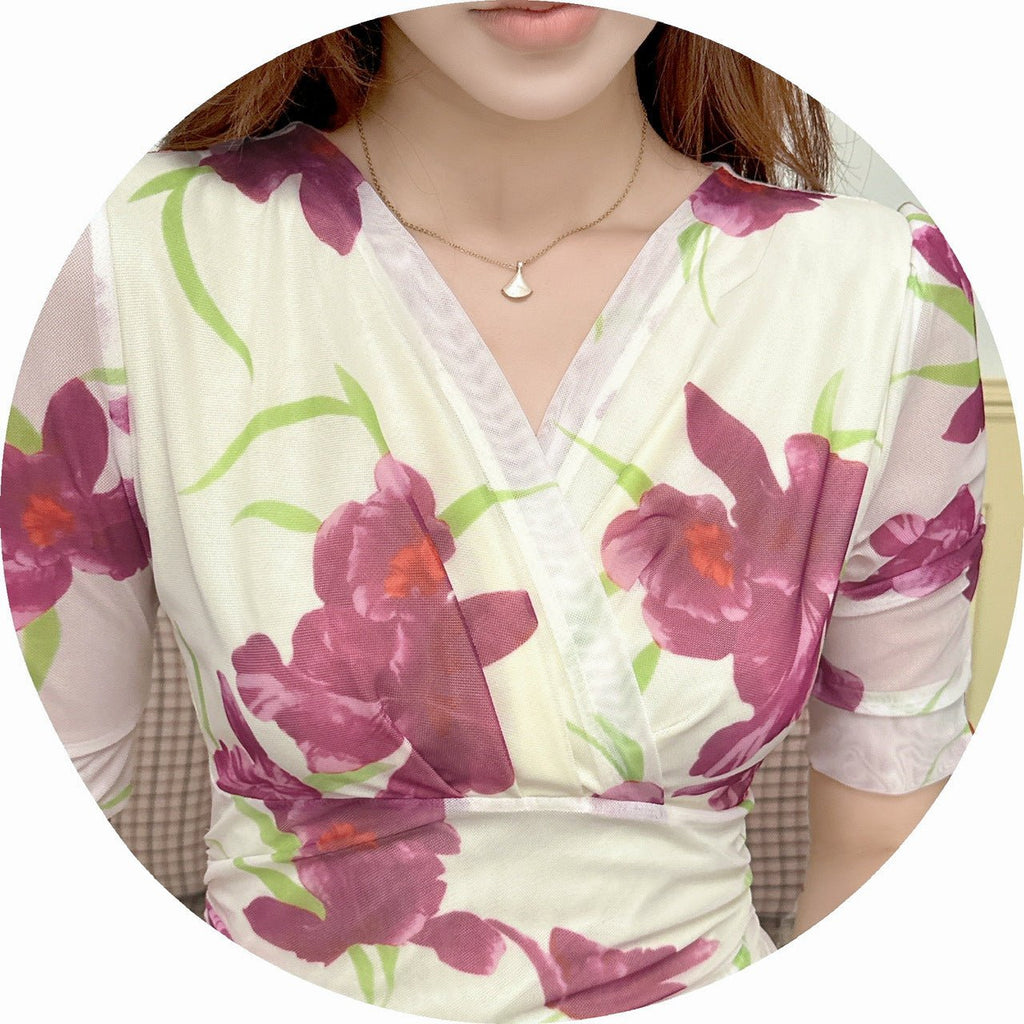 2456 Summer Southeast Asia Cross-Border Foreign Trade Japanese and Korean Style Sexy Women's V-Neck Short-Sleeve Mesh Printed Slimming Long Dress - Cozy & Co. Market