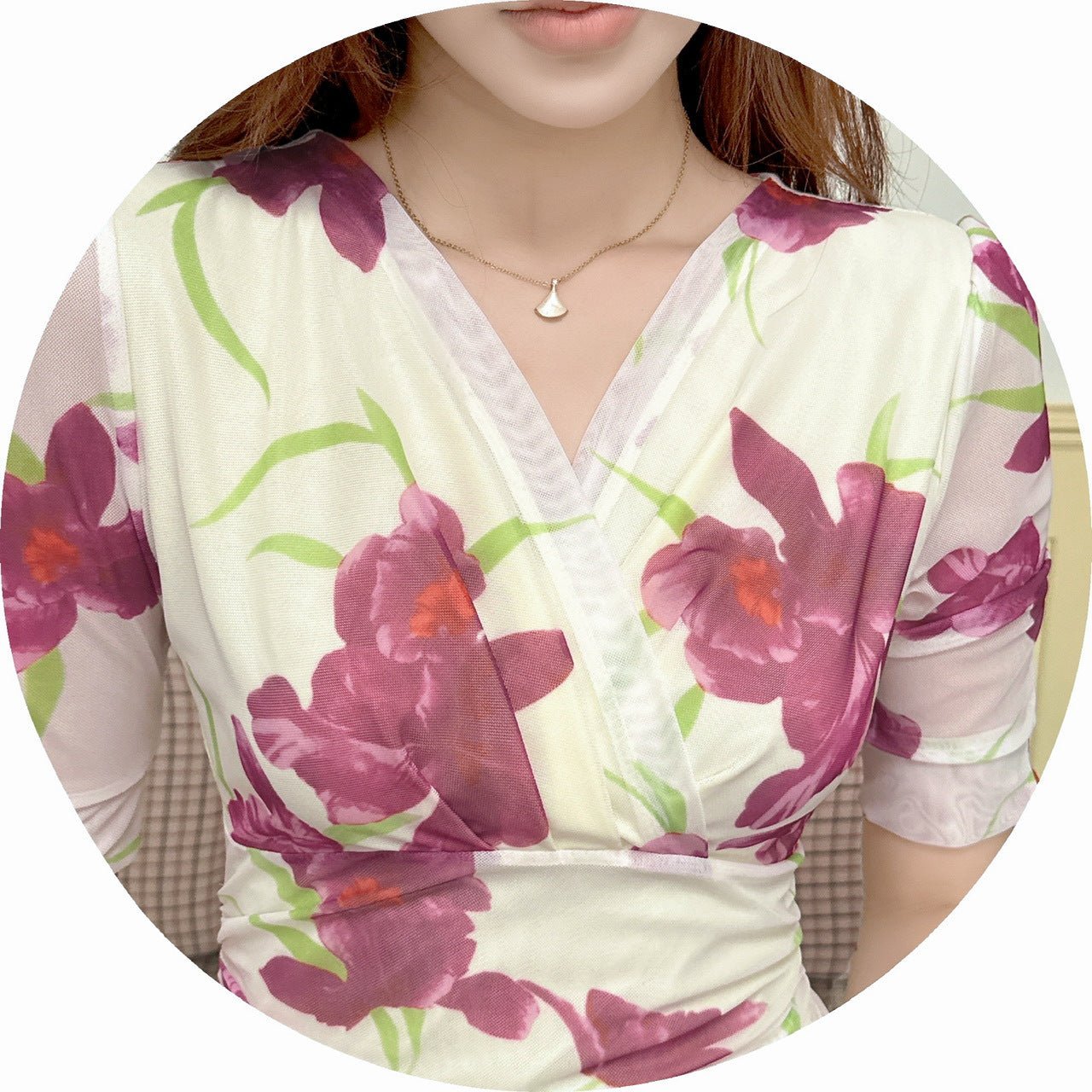 2456 Summer Southeast Asia Cross-Border Foreign Trade Japanese and Korean Style Sexy Women's V-Neck Short-Sleeve Mesh Printed Slimming Long Dress - Cozy & Co. Market