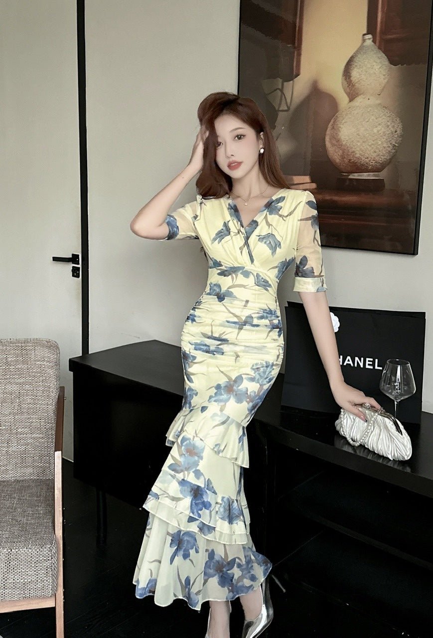 2456 Summer Southeast Asia Cross-Border Foreign Trade Japanese and Korean Style Sexy Women's V-Neck Short-Sleeve Mesh Printed Slimming Long Dress - Cozy & Co. Market