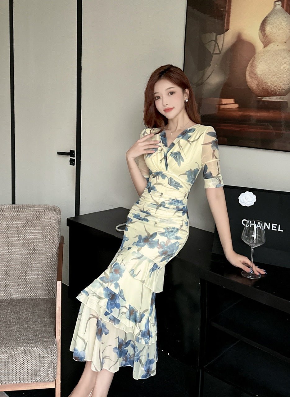 2456 Summer Southeast Asia Cross-Border Foreign Trade Japanese and Korean Style Sexy Women's V-Neck Short-Sleeve Mesh Printed Slimming Long Dress - Cozy & Co. Market