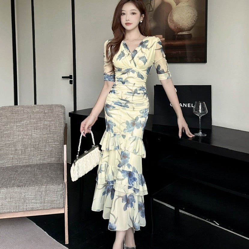 2456 Summer Southeast Asia Cross-Border Foreign Trade Japanese and Korean Style Sexy Women's V-Neck Short-Sleeve Mesh Printed Slimming Long Dress - Cozy & Co. Market