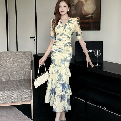 2456 Summer Southeast Asia Cross-Border Foreign Trade Japanese and Korean Style Sexy Women's V-Neck Short-Sleeve Mesh Printed Slimming Long Dress - Cozy & Co. Market