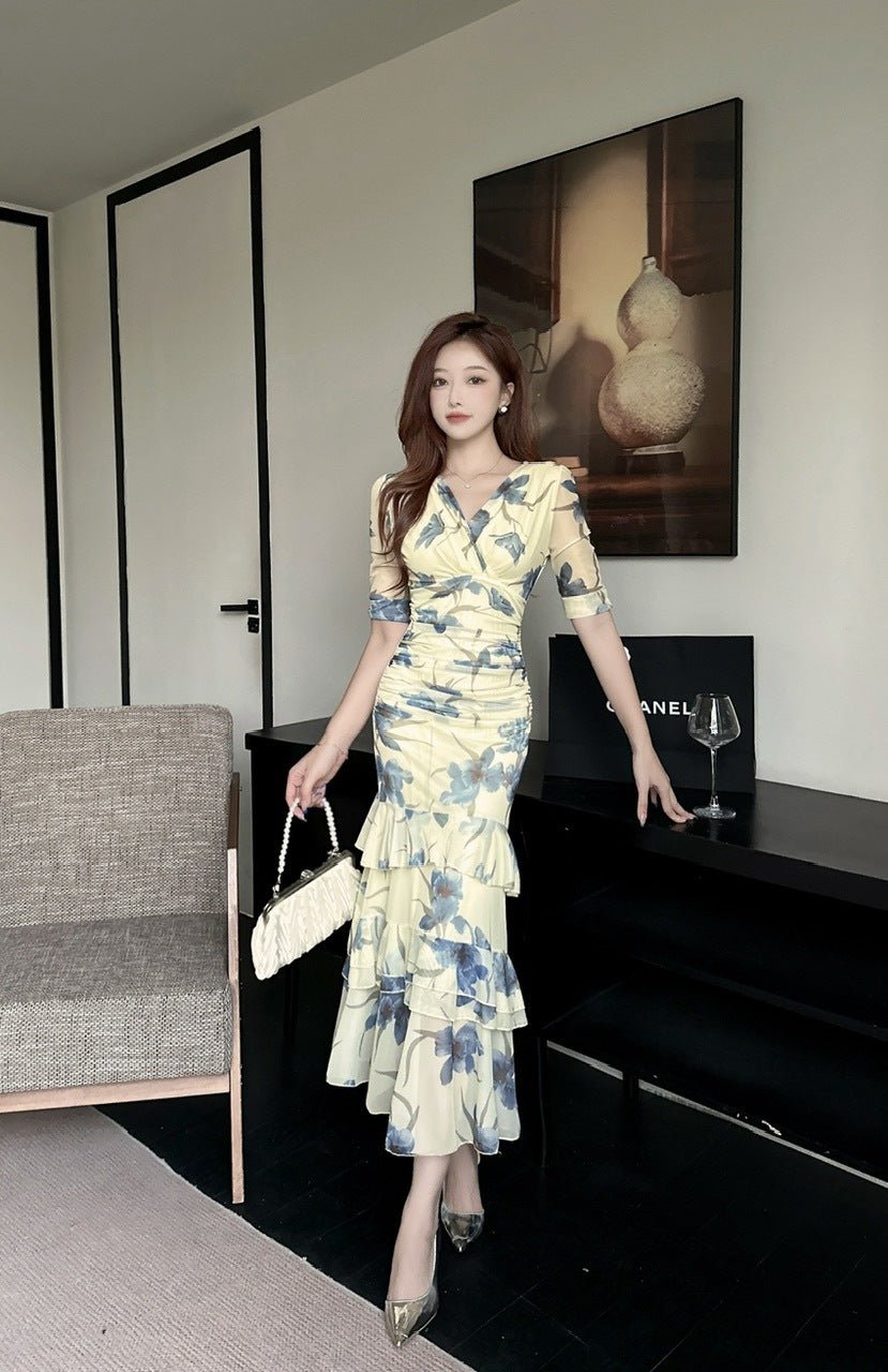 2456 Summer Southeast Asia Cross-Border Foreign Trade Japanese and Korean Style Sexy Women's V-Neck Short-Sleeve Mesh Printed Slimming Long Dress - Cozy & Co. Market