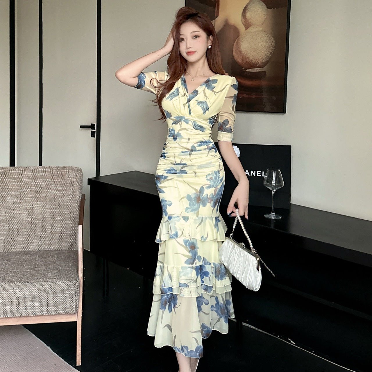 2456 Summer Southeast Asia Cross-Border Foreign Trade Japanese and Korean Style Sexy Women's V-Neck Short-Sleeve Mesh Printed Slimming Long Dress - Cozy & Co. Market