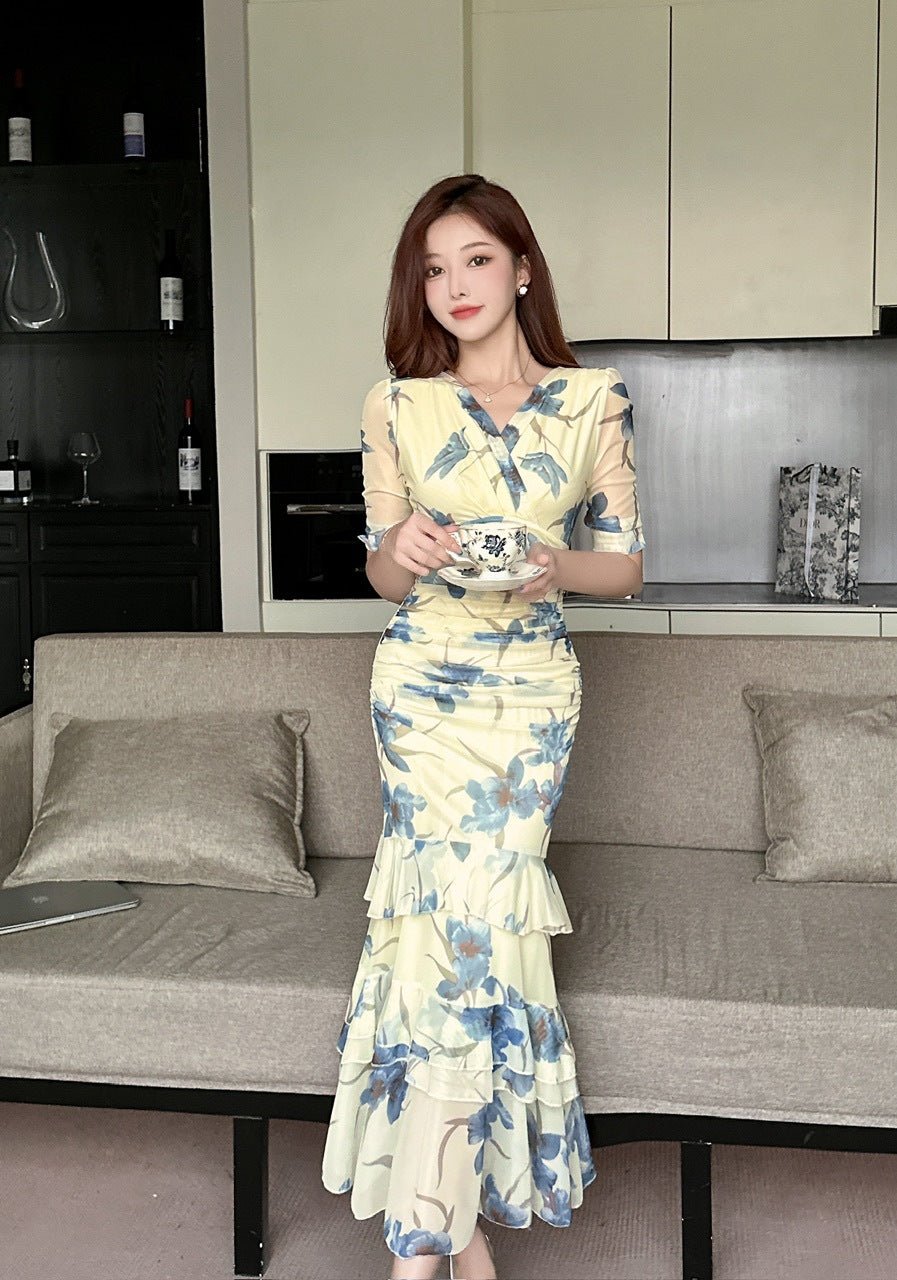 2456 Summer Southeast Asia Cross-Border Foreign Trade Japanese and Korean Style Sexy Women's V-Neck Short-Sleeve Mesh Printed Slimming Long Dress - Cozy & Co. Market