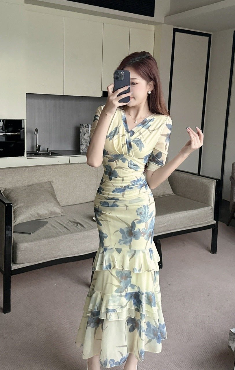 2456 Summer Southeast Asia Cross-Border Foreign Trade Japanese and Korean Style Sexy Women's V-Neck Short-Sleeve Mesh Printed Slimming Long Dress - Cozy & Co. Market