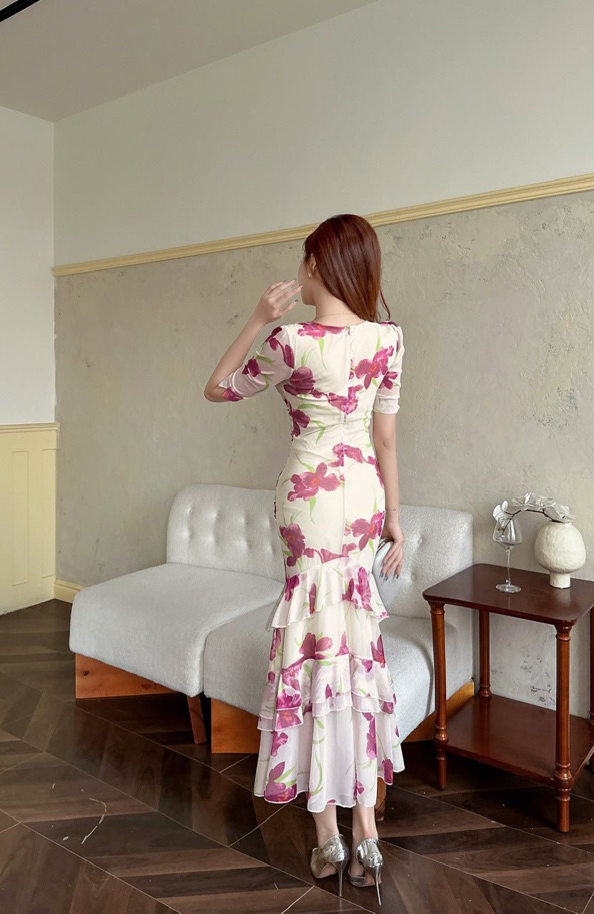 2456 Summer Southeast Asia Cross-Border Foreign Trade Japanese and Korean Style Sexy Women's V-Neck Short-Sleeve Mesh Printed Slimming Long Dress - Cozy & Co. Market