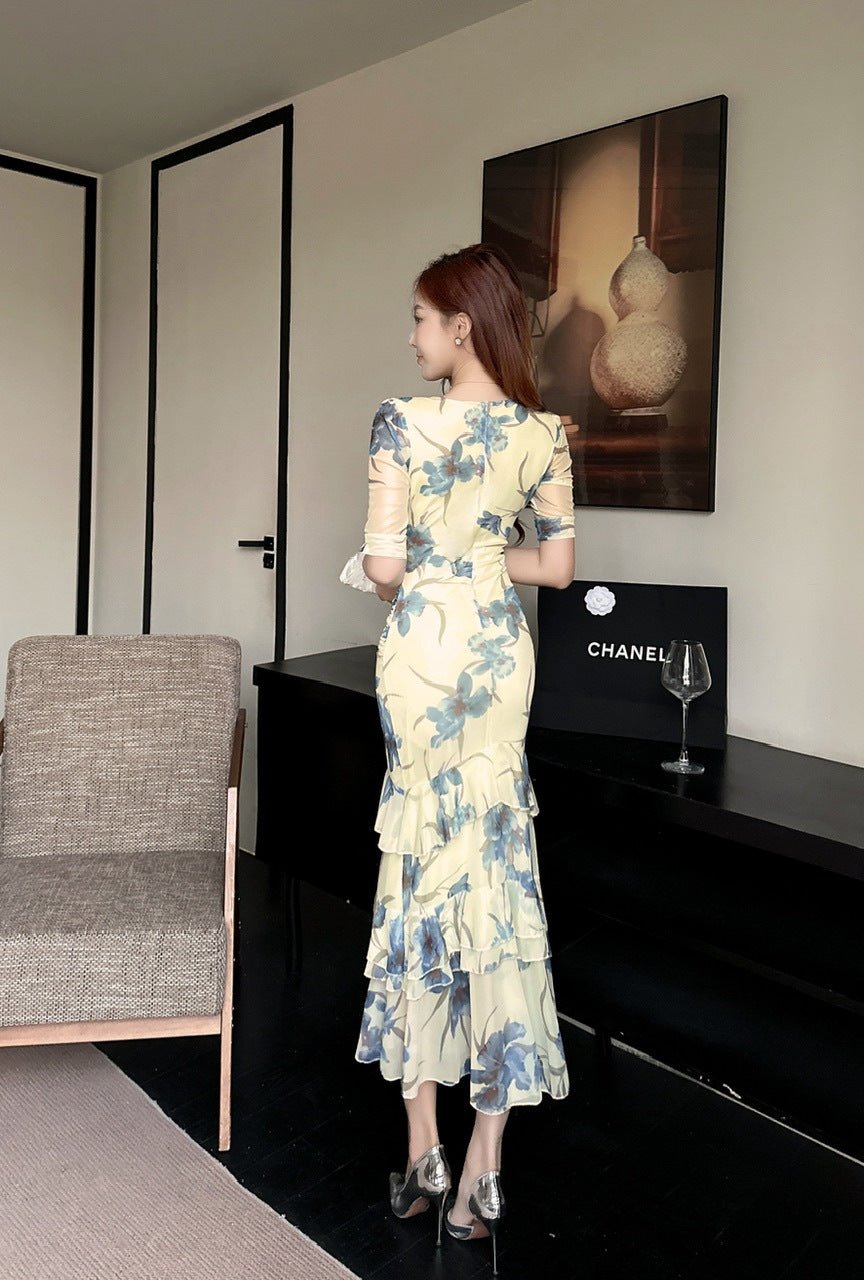 2456 Summer Southeast Asia Cross-Border Foreign Trade Japanese and Korean Style Sexy Women's V-Neck Short-Sleeve Mesh Printed Slimming Long Dress - Cozy & Co. Market