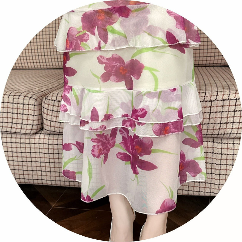 2456 Summer Southeast Asia Cross-Border Foreign Trade Japanese and Korean Style Sexy Women's V-Neck Short-Sleeve Mesh Printed Slimming Long Dress - Cozy & Co. Market