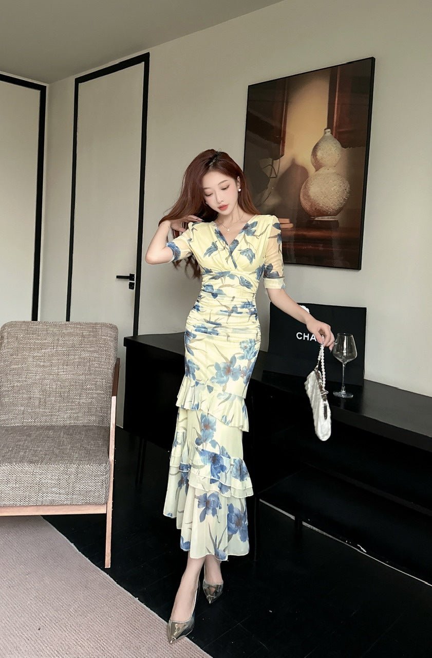 2456 Summer Southeast Asia Cross-Border Foreign Trade Japanese and Korean Style Sexy Women's V-Neck Short-Sleeve Mesh Printed Slimming Long Dress - Cozy & Co. Market
