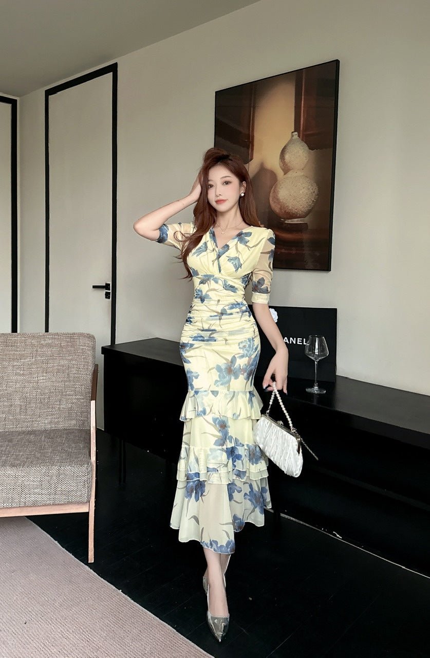 2456 Summer Southeast Asia Cross-Border Foreign Trade Japanese and Korean Style Sexy Women's V-Neck Short-Sleeve Mesh Printed Slimming Long Dress - Cozy & Co. Market