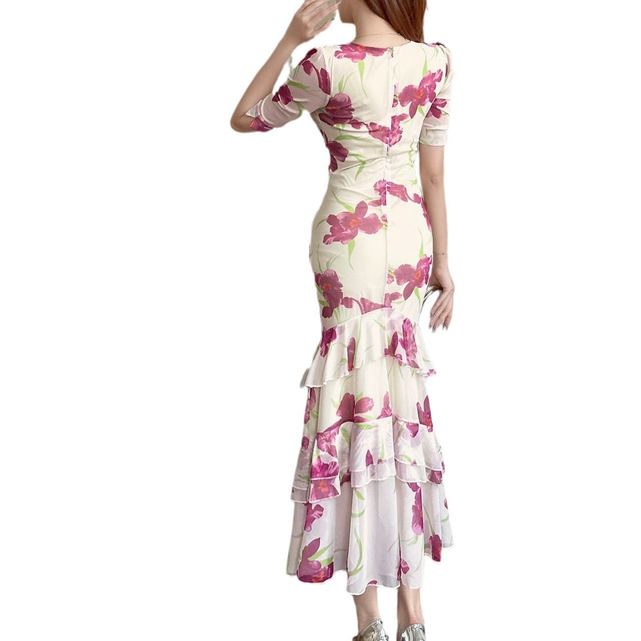 2456 Summer Southeast Asia Cross-Border Foreign Trade Japanese and Korean Style Sexy Women's V-Neck Short-Sleeve Mesh Printed Slimming Long Dress - Cozy & Co. Market