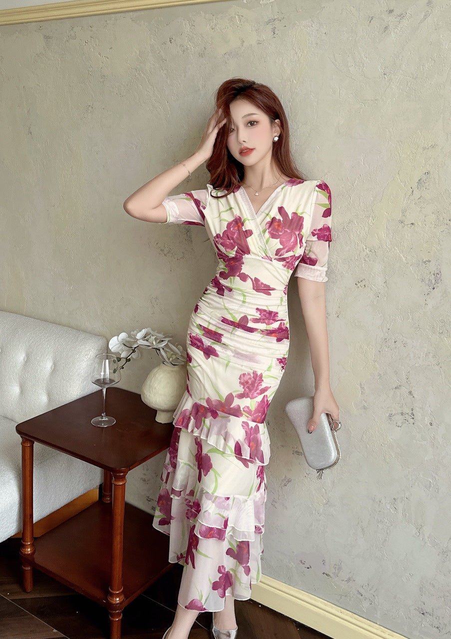 2456 Summer Southeast Asia Cross-Border Foreign Trade Japanese and Korean Style Sexy Women's V-Neck Short-Sleeve Mesh Printed Slimming Long Dress - Cozy & Co. Market