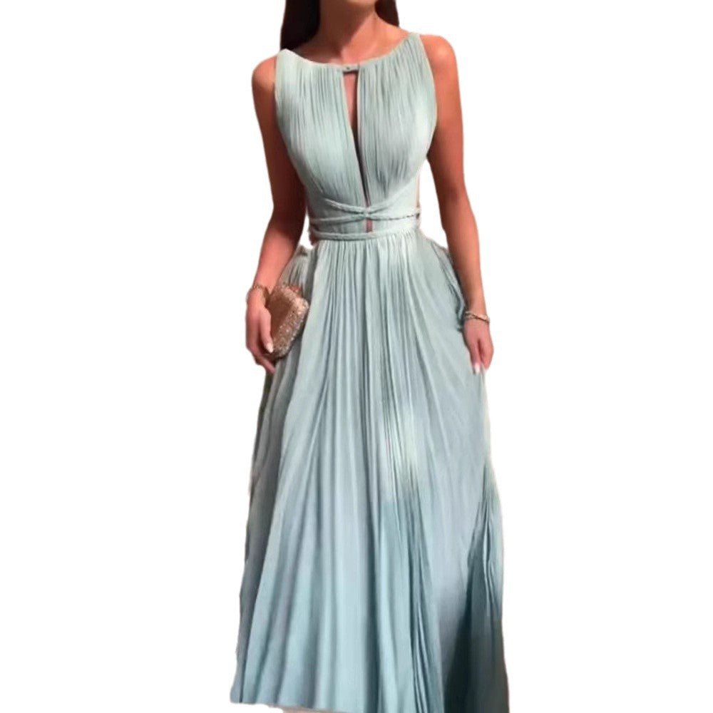 25 Summer New Amazon Cross-border Hot Sale Pleated Lace-up Sleeveless Backless Solid Color Slim-fit Large dress - Cozy & Co. Market