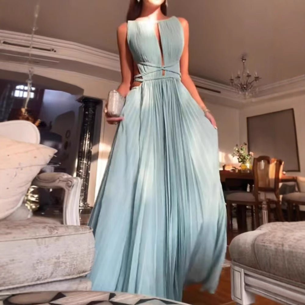25 Summer New Amazon Cross-border Hot Sale Pleated Lace-up Sleeveless Backless Solid Color Slim-fit Large dress - Cozy & Co. Market