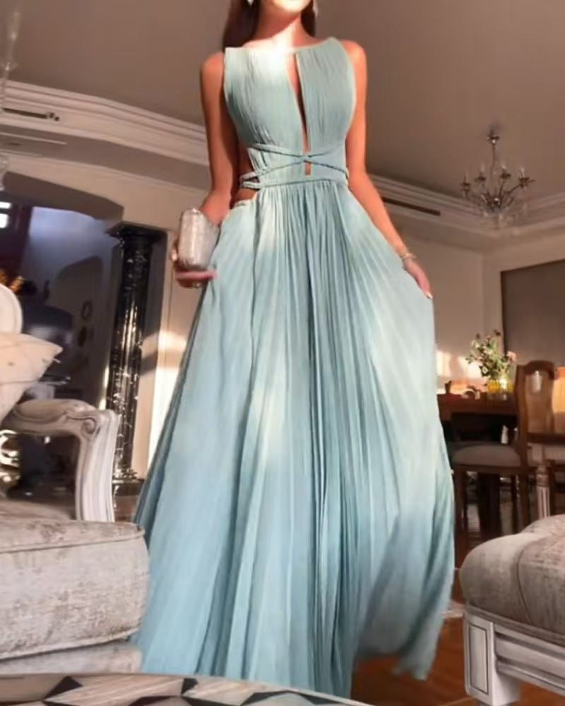 25 Summer New Amazon Cross-border Hot Sale Pleated Lace-up Sleeveless Backless Solid Color Slim-fit Large dress - Cozy & Co. Market