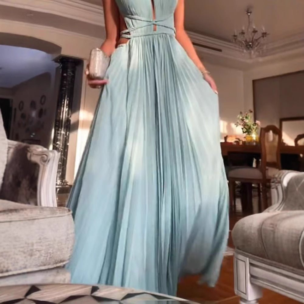 25 Summer New Amazon Cross-border Hot Sale Pleated Lace-up Sleeveless Backless Solid Color Slim-fit Large dress - Cozy & Co. Market
