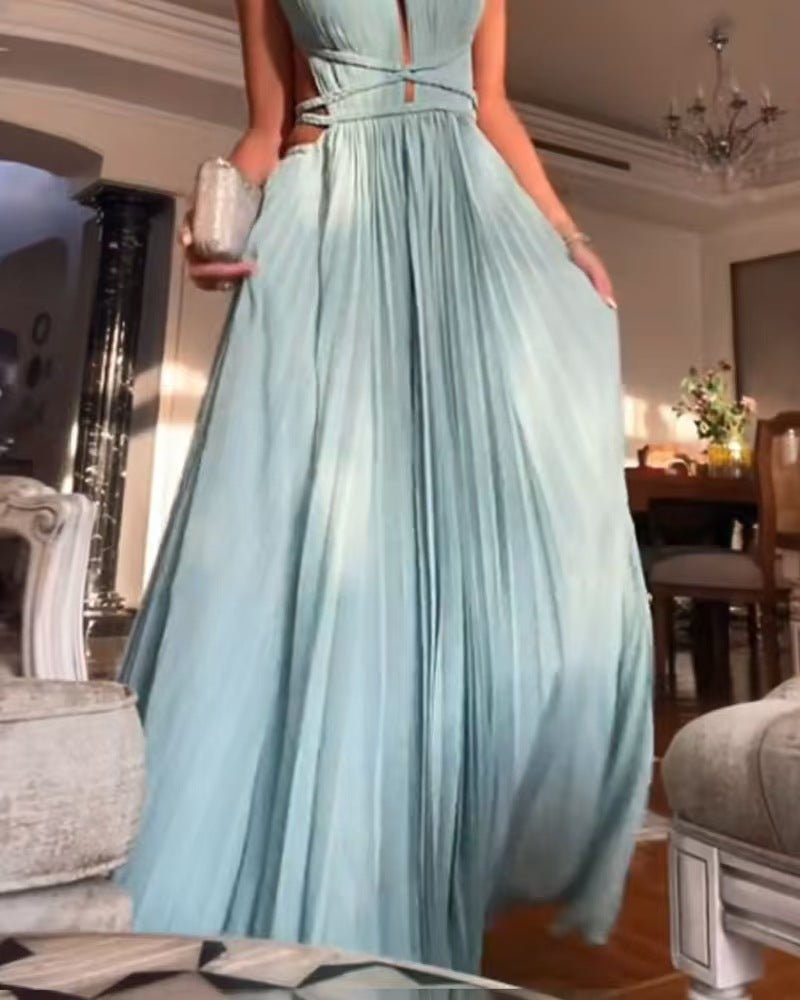 25 Summer New Amazon Cross-border Hot Sale Pleated Lace-up Sleeveless Backless Solid Color Slim-fit Large dress - Cozy & Co. Market