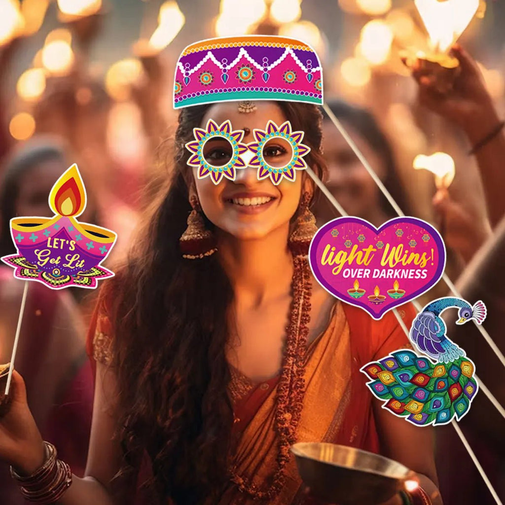 30Pcs/Set Happy Diwali Theme Photo Booth Props Candle Elephant Dress Up Paper Masks for India Diwali Festival Party Decoration - Cozy & Co. Market