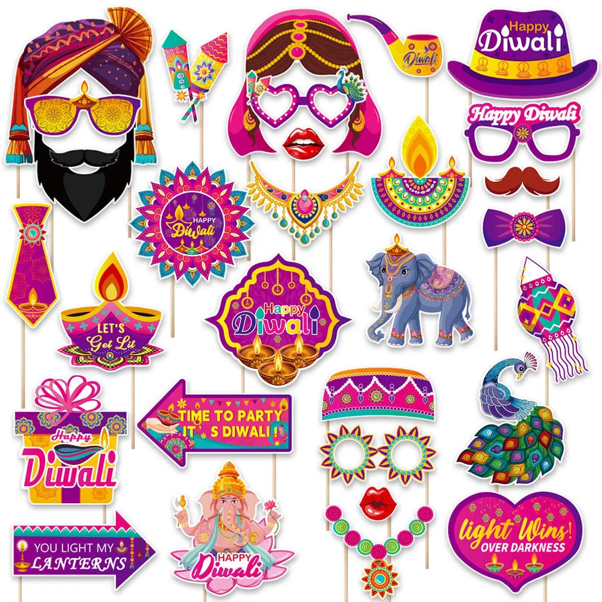 30Pcs/Set Happy Diwali Theme Photo Booth Props Candle Elephant Dress Up Paper Masks for India Diwali Festival Party Decoration - Cozy & Co. Market